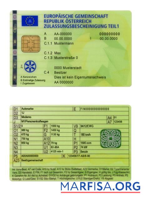 Realistic Austria vehicle registration certificate part 1 example